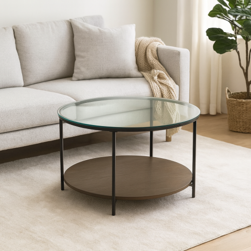 طاولة قهوة مستديرة بسطح زجاجي وقاعدة خشبية
