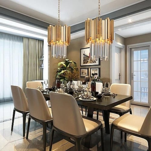 نجف كريستال لون ذهبي بتصميم فاخر وأضاءة متالقة قطر...