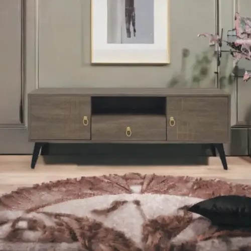 طاولة تلفزيون مودرن خشبية رمادية بتصميم عصري و مسا...