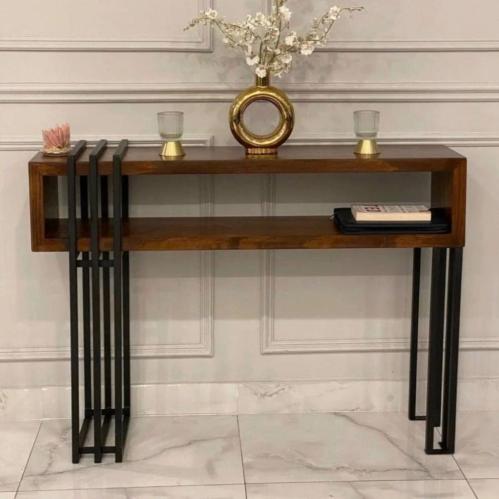 طاولة مدخل بخشب بني محروق وقاعدة حديد أسود متين –...