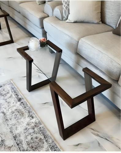 طاولة خدمة خشب سنديان لون بني سطح زجاج لون شفاف