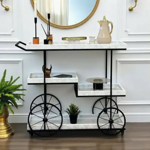 عربة تقديم شاي وقهوة مودرن بتصميم رخامي فاخر