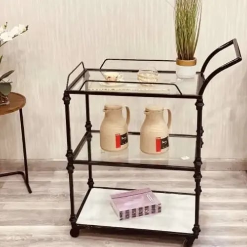 عربة تقديم فاخرة بثلاثة اوار بهيكل ذهبي او اسود وا...