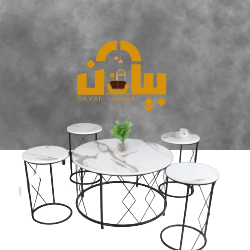 طقم طاولات مودرن شكل حديث 5 قطع لون أسود سطح خشب ش...