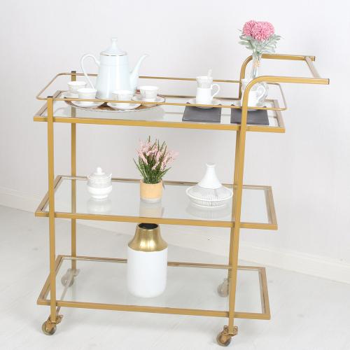 عربة تقديم قواعد لون ذهبي 3 دور سطح زجاج شفاف