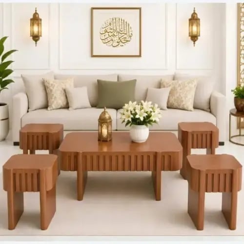 طقم طاولات خدمة مودرن 5 قطع خشب بني او اسود بتصميم...