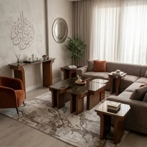 طقم طاولات ضيافة مودرن خشبي بني بسطح زجاجي