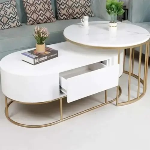 طقم طاولتين متداخلة ذهبي سطح خشب مع درج لون أبيض