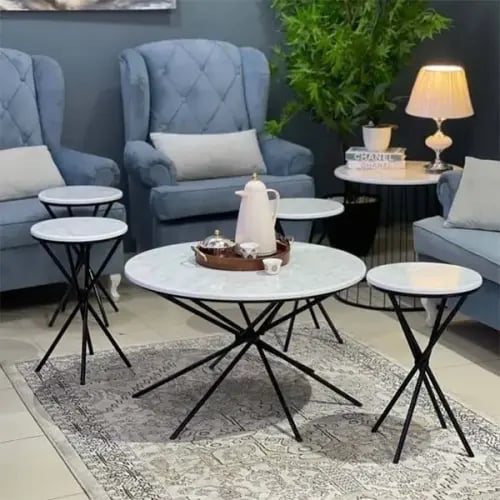 طقم طاولة أكس 5 قطع سطح خشب شكل رخام