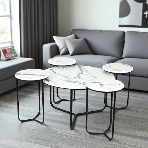 طقم طاولة تقديم مع 4 طاولات خدمة لون اسود سطح خشب