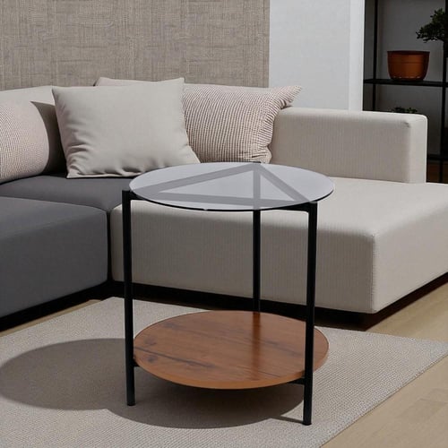 طاولة جانبية دورين خشب وسطح زجاج شفاف وقواعد حديد...