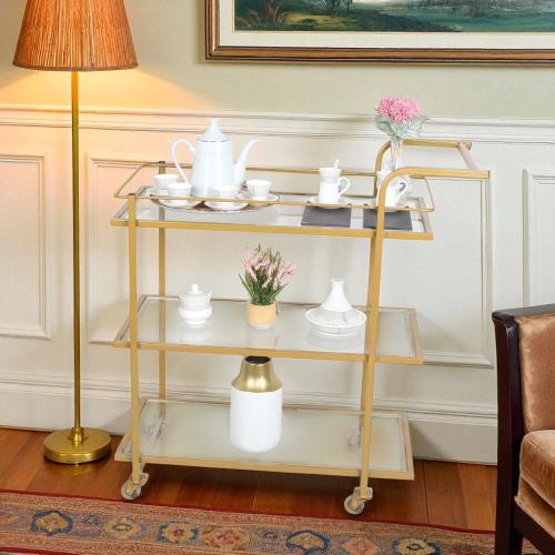 عربة تقديم قواعد لون ذهبي 3 دور سطح زجاج شفاف