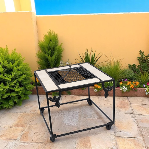 منقل شوي حديد مربع بكفرات متحرك لون اسود رخام ابيض