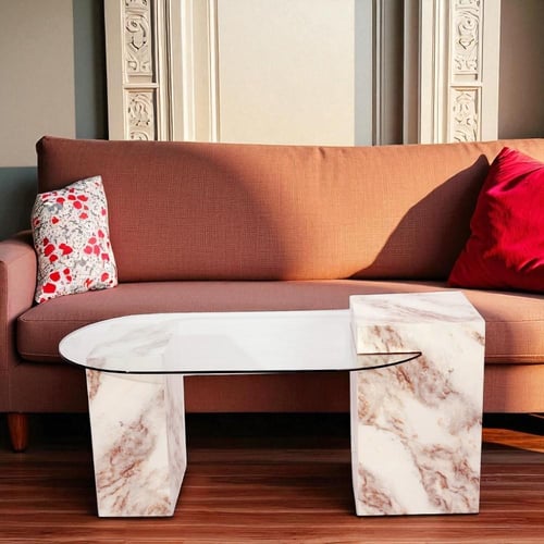 طاولة تقديم بديل رخام لون ابيض مع وردي مع زجاج شفا...