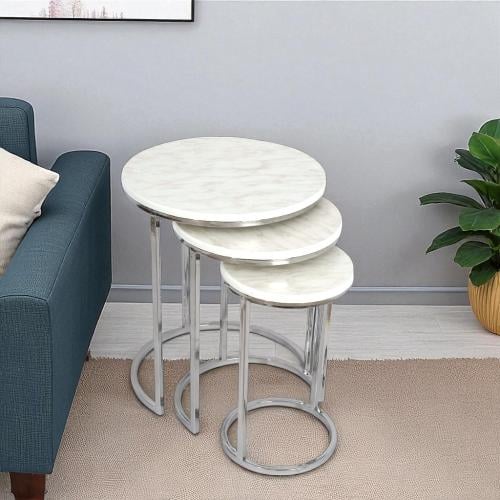 طقم طاولات خدمة استيل لون أبيض وسطح خشب شبيه الرخا...