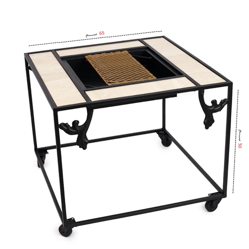 منقل شوي حديد مربع بكفرات متحرك لون اسود رخام ابيض