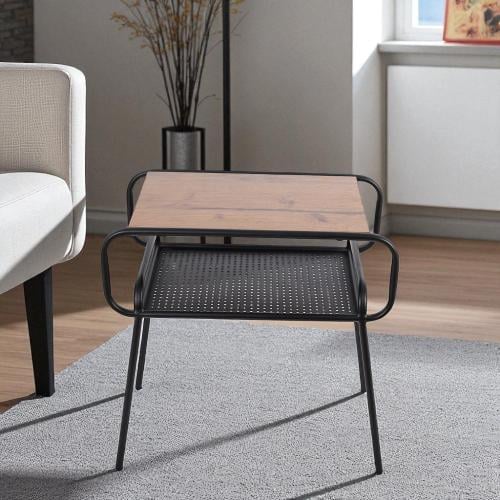 طاولة جانبية رفين سطح خشب لون بني قواعد معدن لون ا...