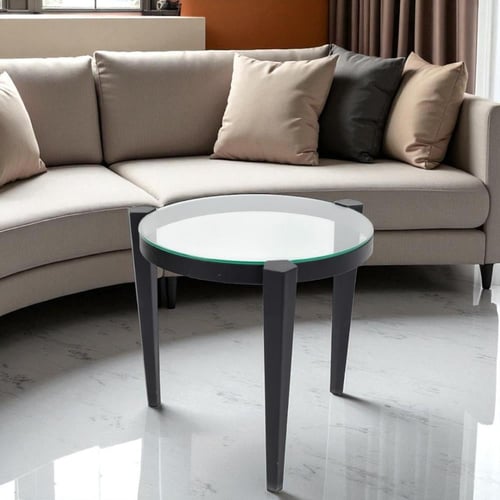 طاولة خدمة قواعد معدن حديد لون أسود وسطح زجاج شفاف