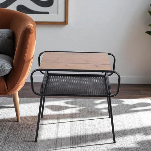 طاولة جانبية رفين سطح خشب لون بني قواعد معدن لون ا...