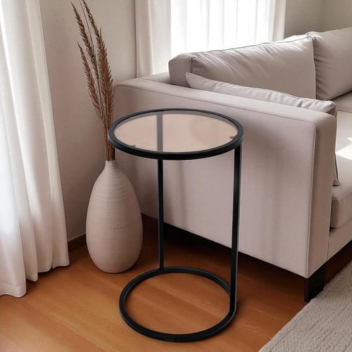 طاولة خدمة قاعدة حديد لون أسود وسطح زجاج لون بني ش...