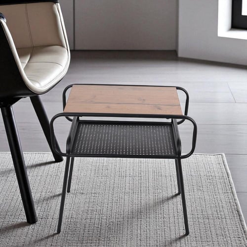 طاولة جانبية رفين سطح خشب لون بني قواعد معدن لون ا...