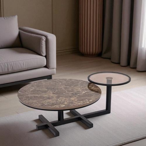 طاولة قهوة أرضية دورين قواعد حديد لون أسود وسطح بد...