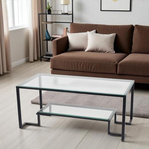 طاولة تقديم دورين قواعد معدن حديد أسود وسطح زجاج ش...