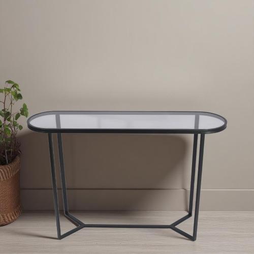 طاولة مدخل كونسول قواعد حديد لون أسود وسطح زجاج شف...