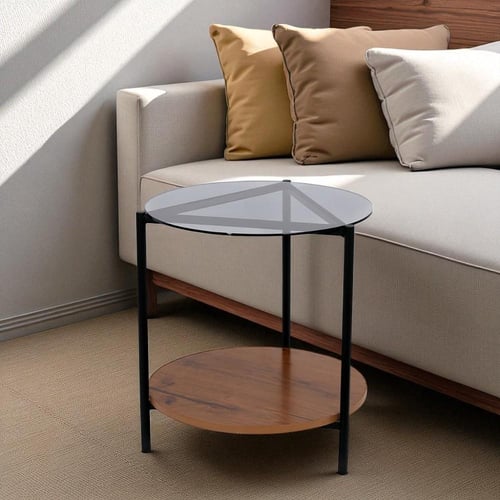 طاولة جانبية دورين خشب وسطح زجاج شفاف وقواعد حديد...