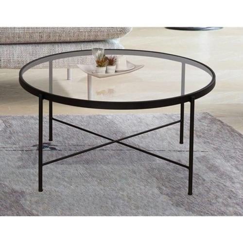 طاولة قهوة دائرية سطح زجاج شفاف وقاعدة حديد سوداء...
