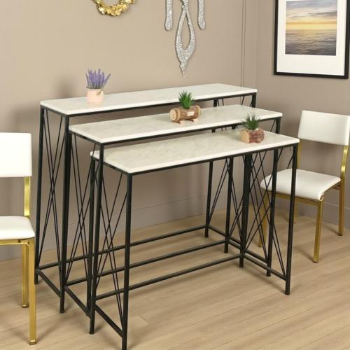 طقم طاولات مدخل كونسول 3 قطع أسطح بيضاء وأرجل معدن...