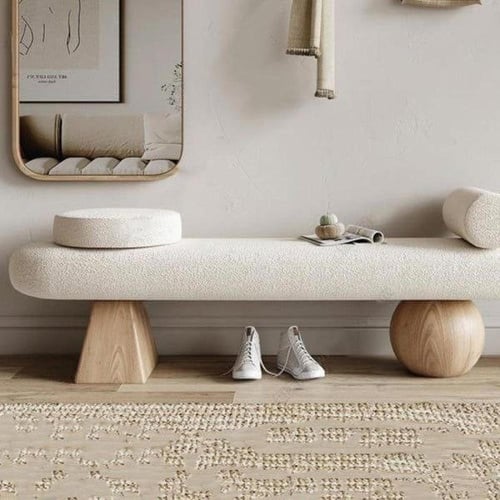 بنش (مقعد طويل) بوكليه أبيض بقواعد خشبية هندسية (2...