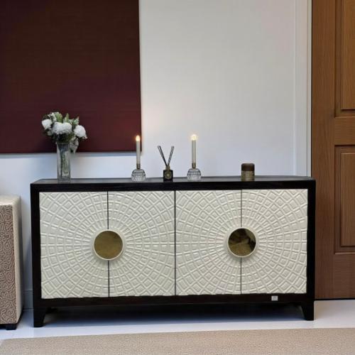 بوفيه كونسول بني غامق وأبواب عاجية بنقش هندسي إشعا...