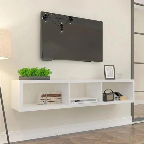 طاولة تلفزيون معلقة باللون الأبيض مع أرفف تخزين مف...