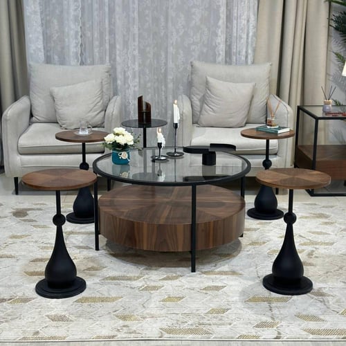 طقم طاولات ضيافة 5 قطع (وسط دائرية زجاج وخشب + 4 خ...