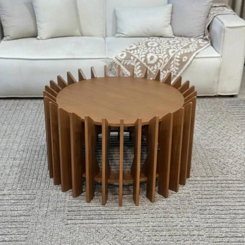 طاولة قهوة دائرية سطح قشرة جوز الهند وقاعدة شرائح...