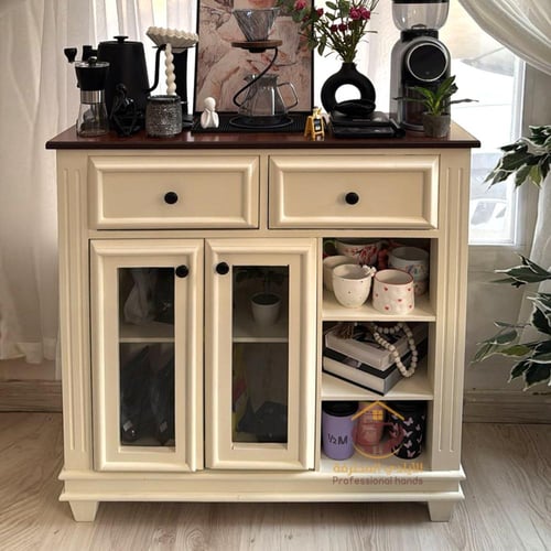 وحدة ركن قهوة خشبية أوف وايت بسطح بني وأبواب زجاجي...