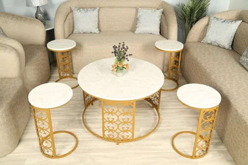 طقم طاولات ضيافة 5 قطع سطح بديل رخام أبيض وقواعد ذ...