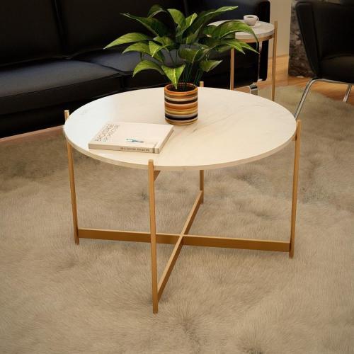 طاولة قهوة دائرية سطح بديل رخام أبيض وقاعدة ذهبية...