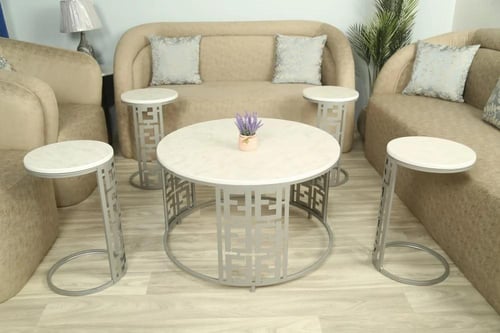 طقم طاولات ضيافة 5 قطع سطح بديل رخام أبيض وقواعد ف...