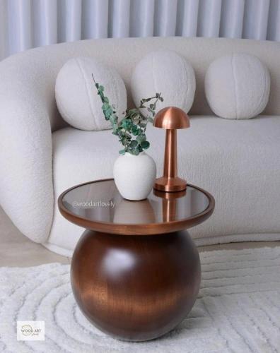 طاولة خدمة خشبية دائرية بني بملمس خشبي وقاعدة كروي...