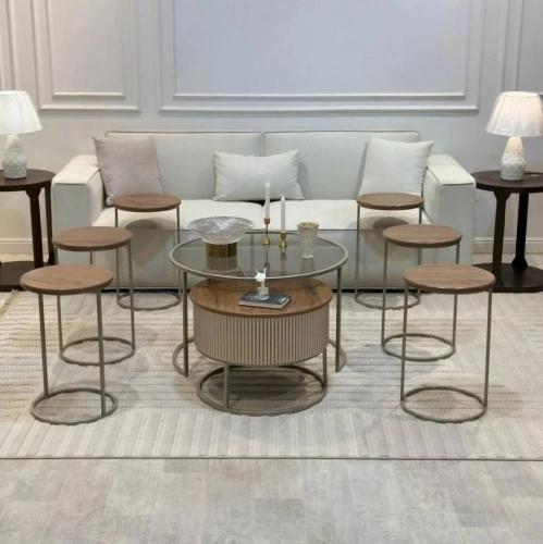 طقم طاولات ضيافة 8 قطع (طاولتين وسط متداخلتين زجاج...