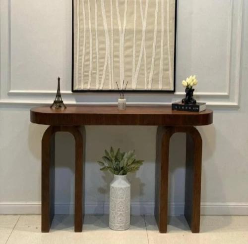 طاولة مدخل كونسول خشبية بنية بقواعد مقوسة (تصميم أ...