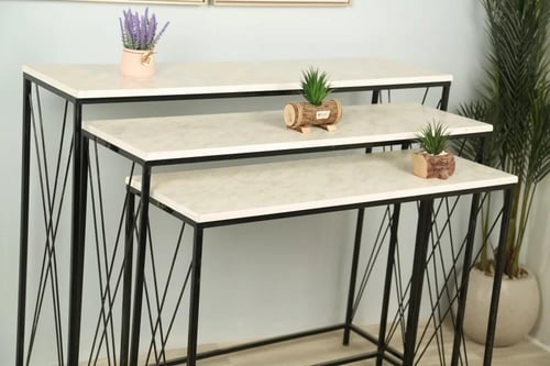 طقم طاولات مدخل كونسول 3 قطع أسطح بيضاء وأرجل معدن...