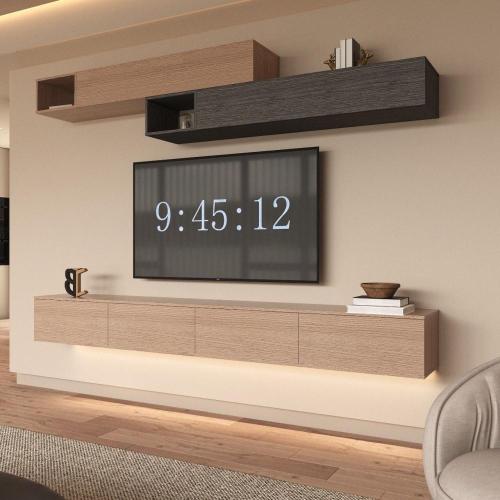 طقم طاولة تلفزيون معلقة مع وحدات رفوف جدارية لون خ...