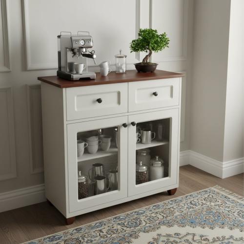 وحدة ركن قهوة خشبية بيضاء بسطح بني وأبواب زجاجية