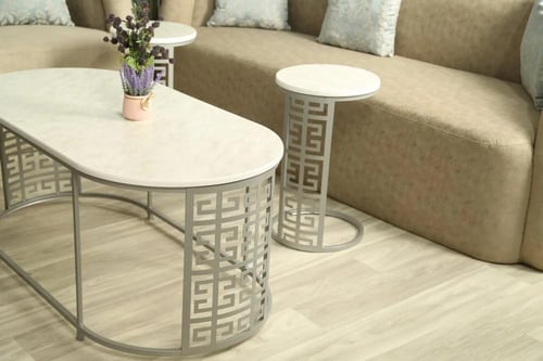 طقم طاولات ضيافة 5 قطع سطح بديل رخام أبيض وقواعد ف...