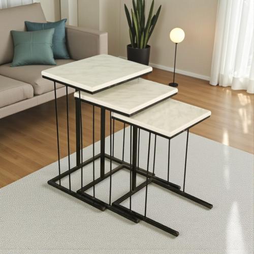 طقم طاولات خدمة متداخلة أسطح بنمط رخامي وهيكل معدن...