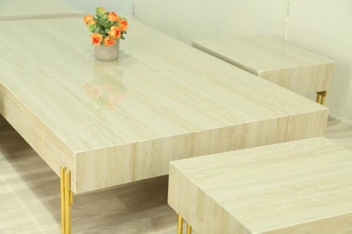 طقم طاولات ضيافة أرضية 5 قطع سطح بديل رخام بيج وأر...