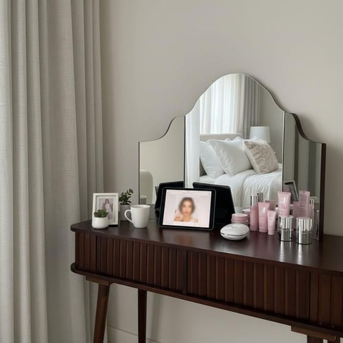 طاولة تزيين خشبية بني غامق مع مرآة ثلاثية وأدراج –...